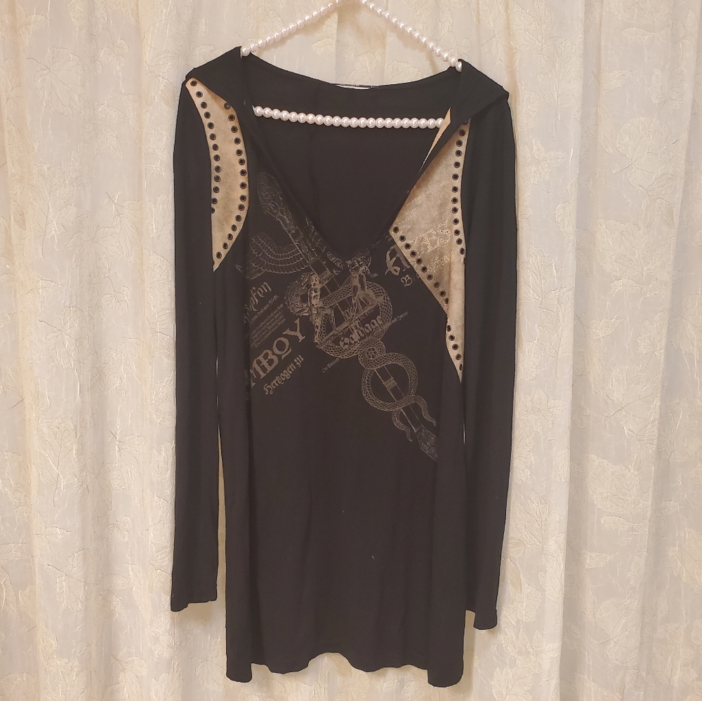 Salvage Black Long Sleeve Leather Detail Top with Hood